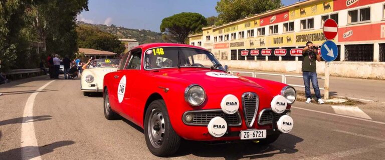 Alfa Romeo Giulietta Sprint at the historic Cerda grandstand on Sicily's legendary Targa Florio route.