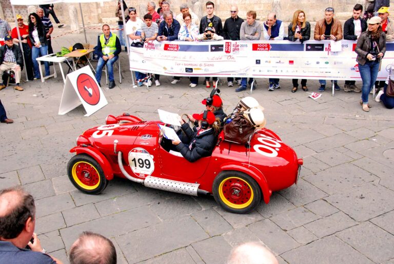 Historic race car at a Mille Miglia time control.