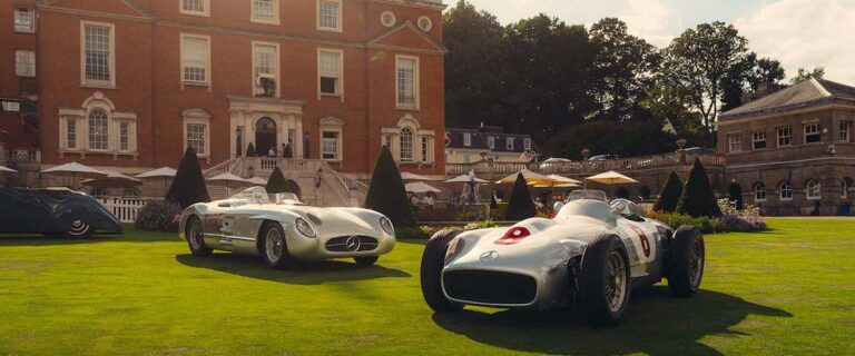 Historic Mercedes-Benz racing cars displayed at Goodwood House.