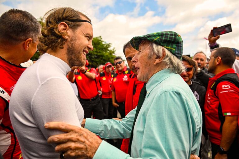 Sebastian Vettel greeting Sir Jackie Stewart at the Goodwood Festival of Speed.