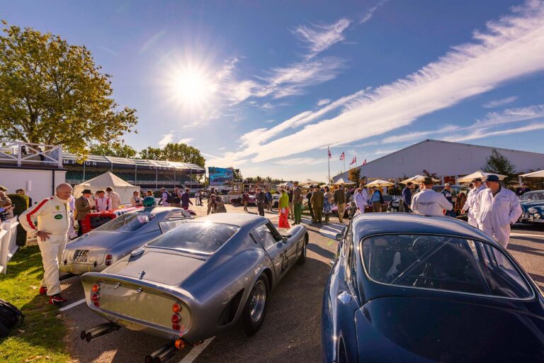 Historische Rennwagen im offenen Fahrerlager des Goodwood Revival.