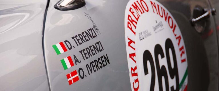 Competition number and driver names on a Gran Premio Nuvolari entrant.