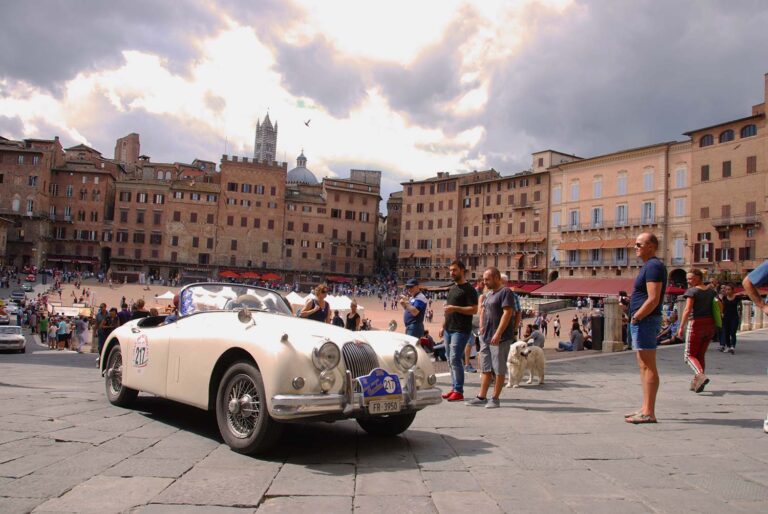 Jaguar XK 120 on Siena's Piazza del Campo during the Gran Premio Nuvolari.