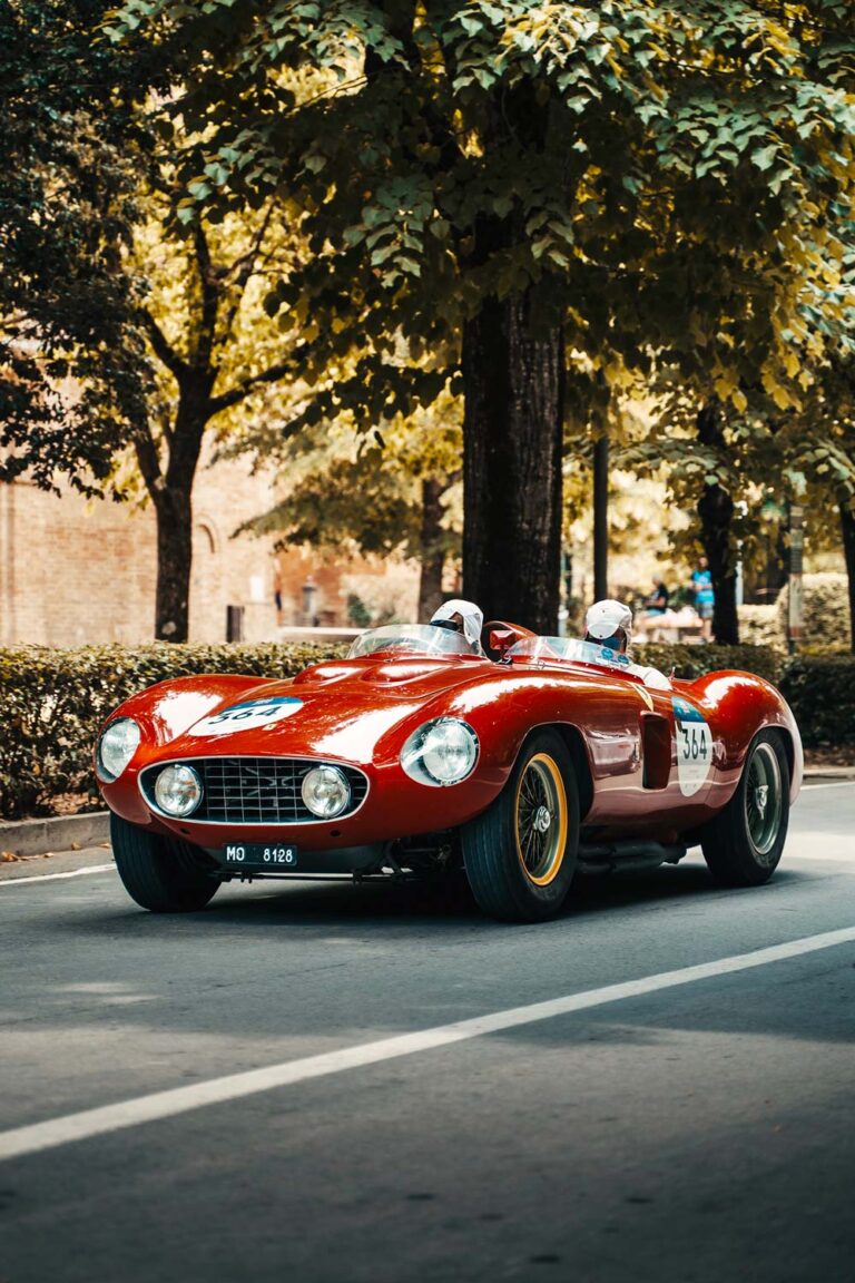 Classic Ferrari 250 Testa Rossa driving during the Mille Miglia.