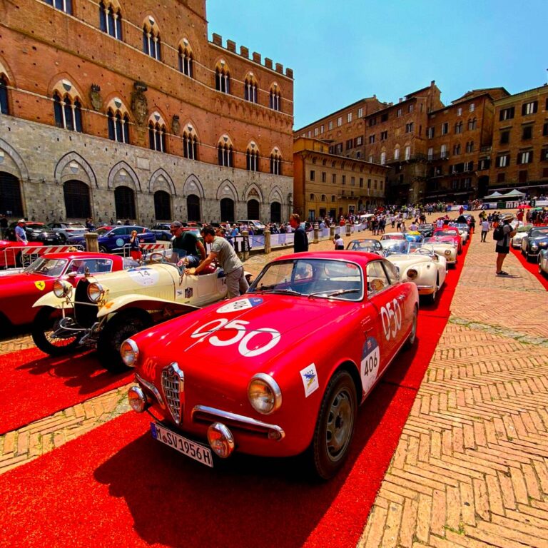 Alfa Romeo Giulietta Sprint at Siena's Piazza del Campo during the Mille Miglia.