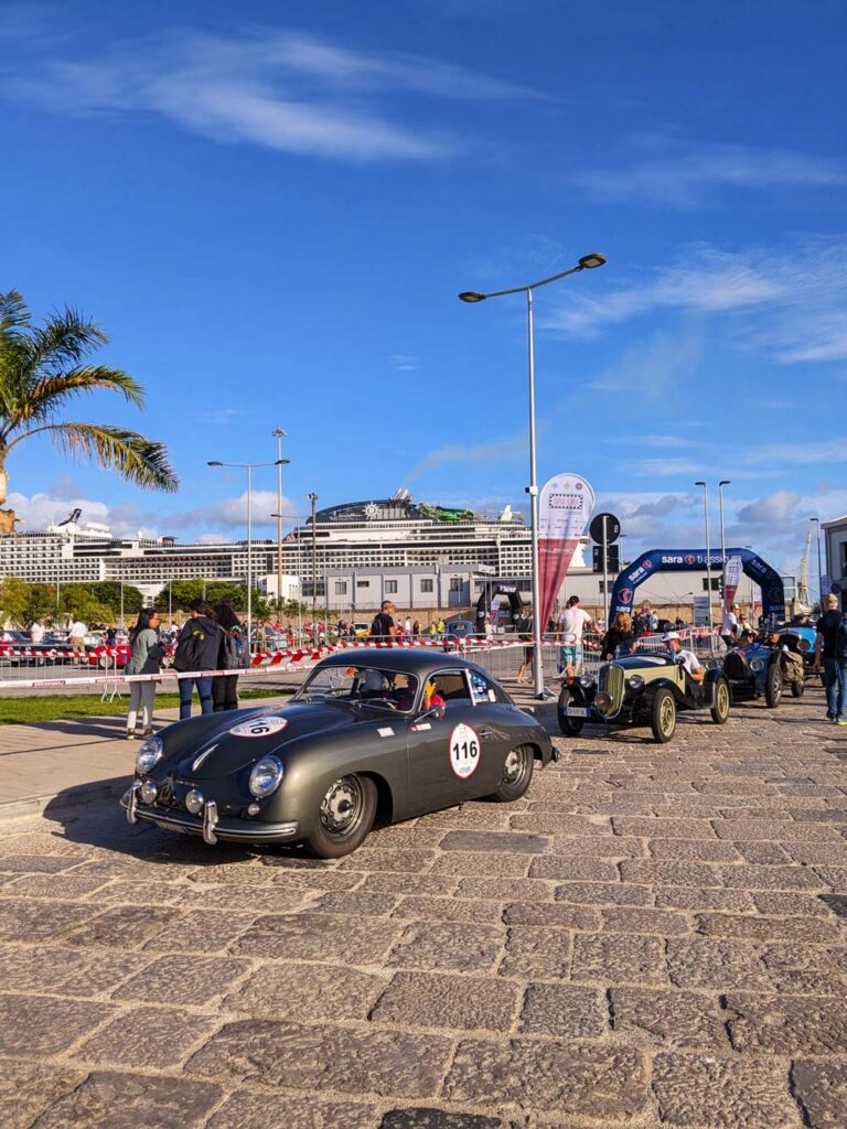 Porsche 356 Coupé at the Targa Florio start area on Palermo's waterfront in Sicily.