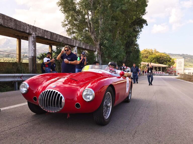 Red OSCA MT4 Barchetta at Targa Florio Live on the historic Cerda circuit in Sicily.